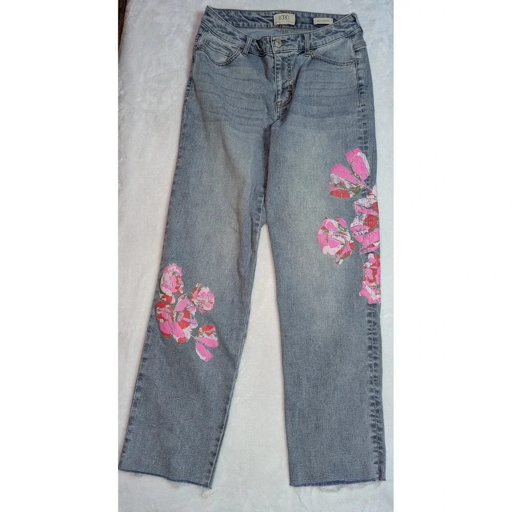 LOGO Lori Goldstein Boyfriend Jeans Floral Light‎ Wash Raw Hem Womens 6 RN89828